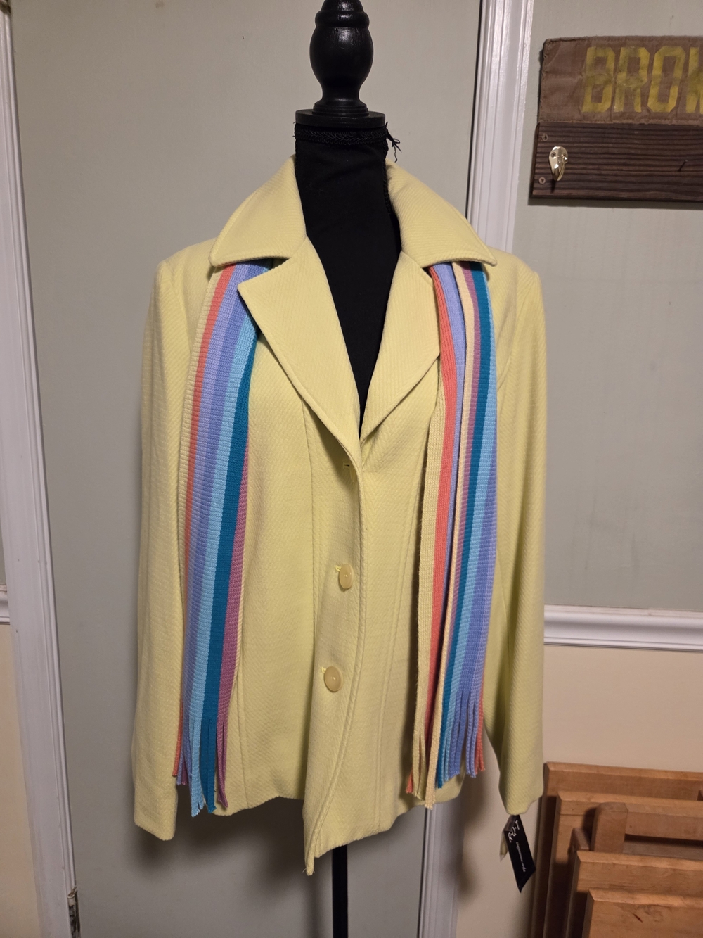 Light Yellow Women's Button-Front Pea Coat with Multicolor Stripe Scarf